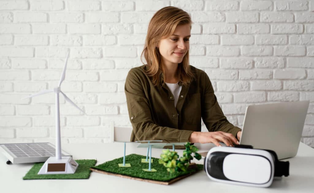 Maison écologique moderne avec panneaux solaires, isolation naturelle et aménagement paysager durable