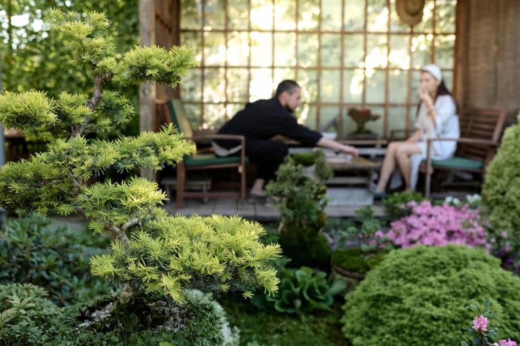 Espace extérieur biophilique avec jardin thérapeutique, plantes sensorielles, mobilier ergonomique et zones de contemplation pour le bien-être à domicile