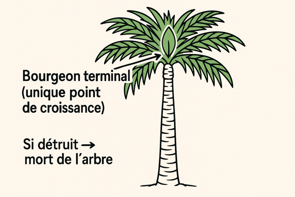 Schéma montrant le bourgeon terminal unique d'un palmier, expliquant pourquoi couper la tête est mortel.