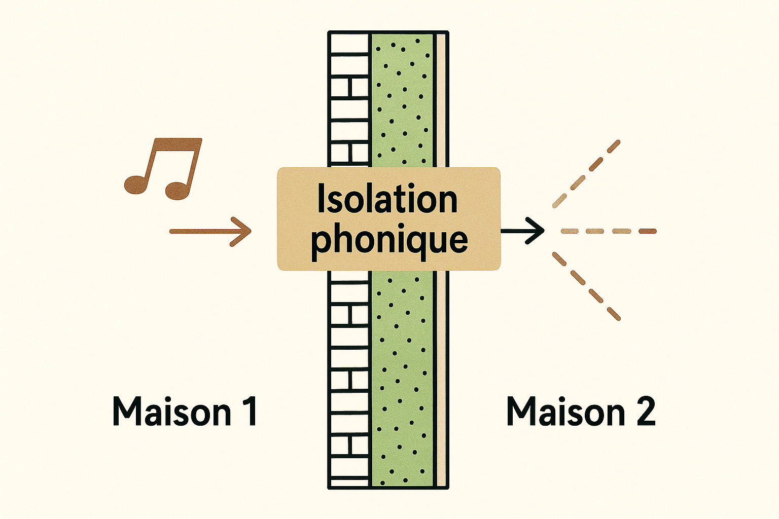 Schéma d'isolation phonique d'un mur mitoyen pour réduire les bruits de voisinage.