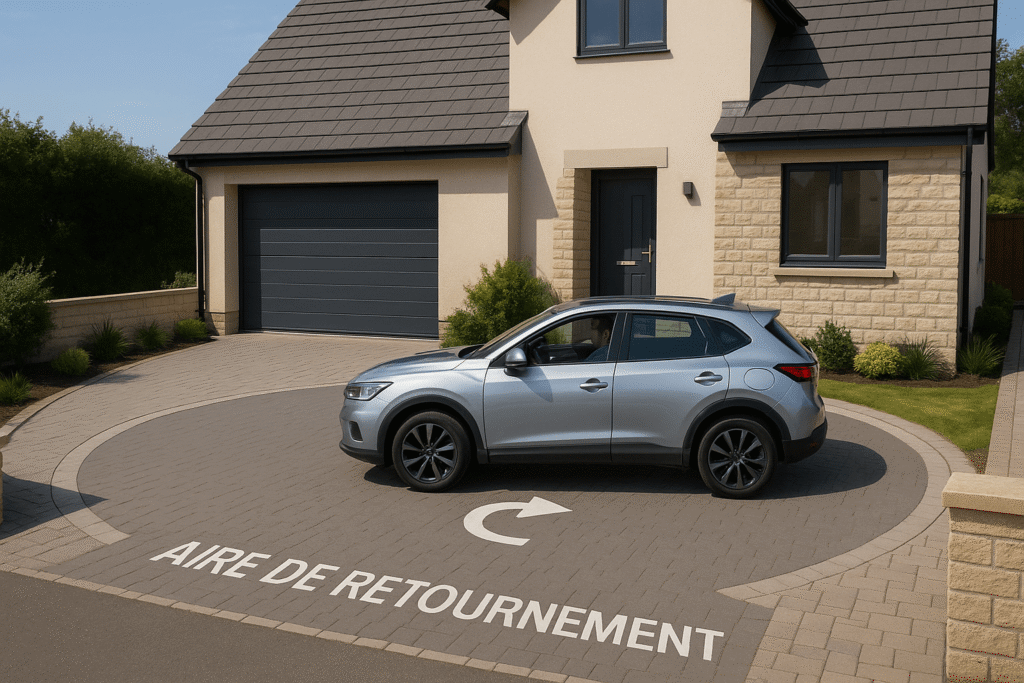 Aire de retournement à la fin d'une allée de maison individuelle, illustrant les règles du PLU.