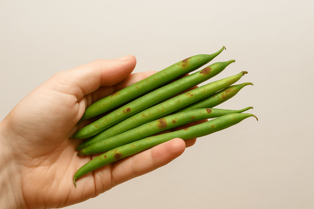 Haricots verts présentant des taches de rouille, se demandant s'ils sont comestibles.