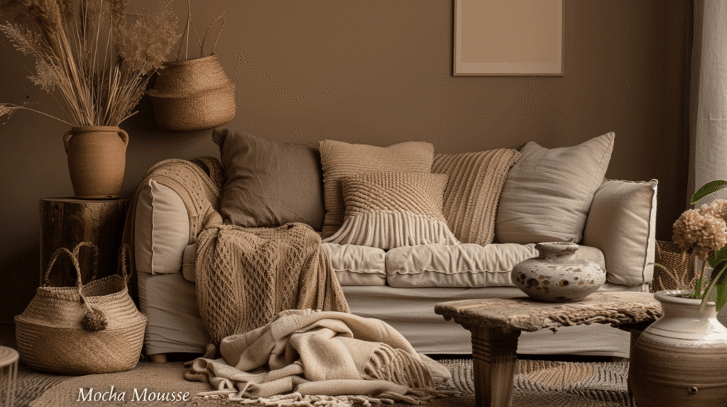 Mocha mousse : la couleur Pantone 2025 qui révolutionne la décoration intérieure 3 Salon décoré avec la couleur Mocha mousse Pantone 2025, canapé beige chocolat et accessoires déco assortis