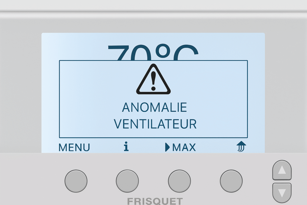 Chaudière Frisquet affichant une anomalie ventilateur, avec un focus sur l'extracteur des fumées.