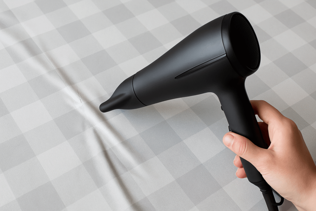 Nappe en plastique (toile cirée) avec des plis, et les astuces pour les enlever avec un sèche-cheveux.
