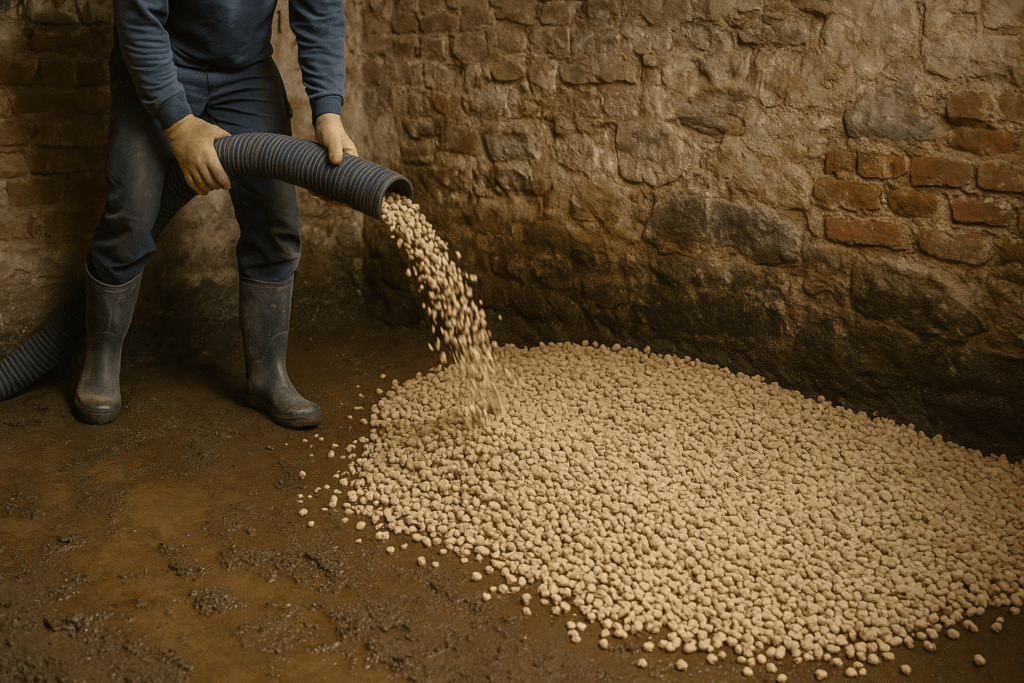 Remblaiement d'une cave humide avec des granulats, illustrant le guide complet pour remblayer une cave.