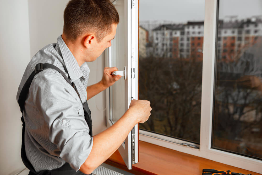 Pose d'une fenêtre PVC neuve sur la structure métallique typique d'une maison Phénix.