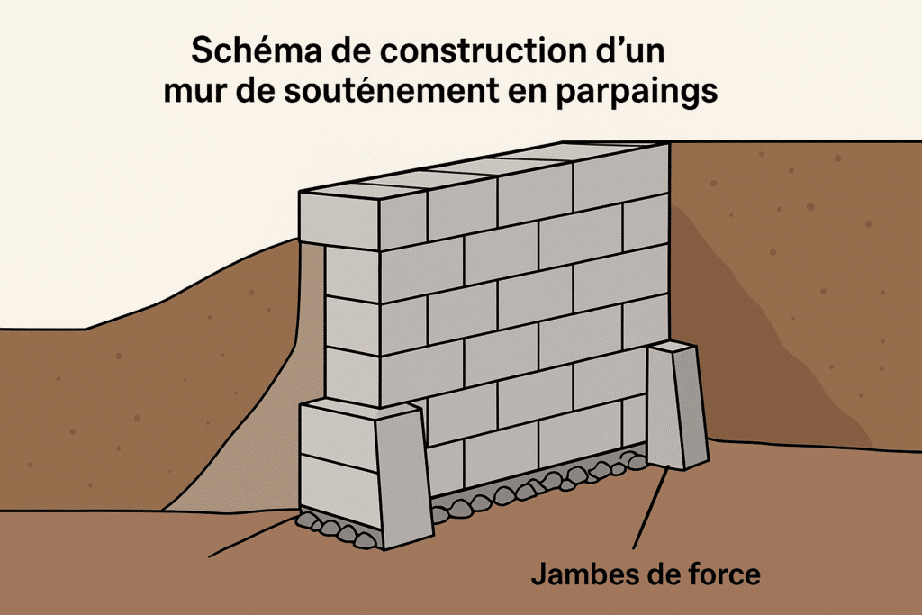 Schéma de construction d'un mur de soutènement en parpaings, montrant clairement l'emplacement des jambes de force (contreforts).