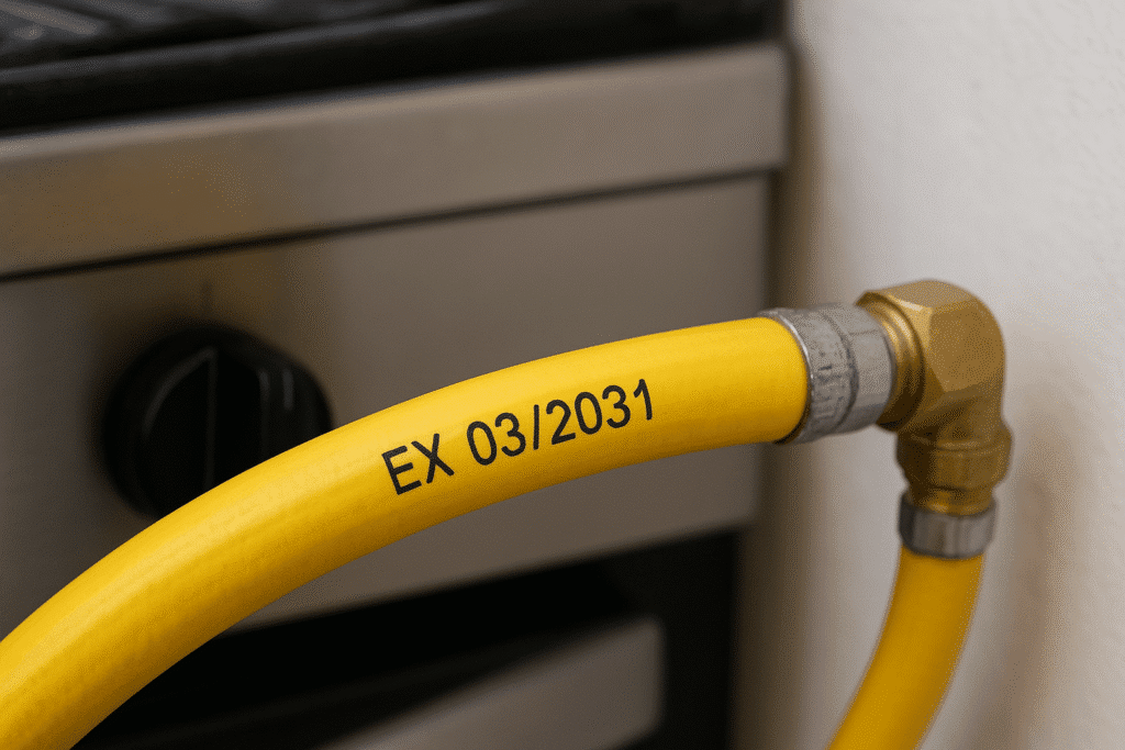 Gros plan sur la date de péremption imprimée sur un tuyau de gaz souple reliant une gazinière à une arrivée de gaz.