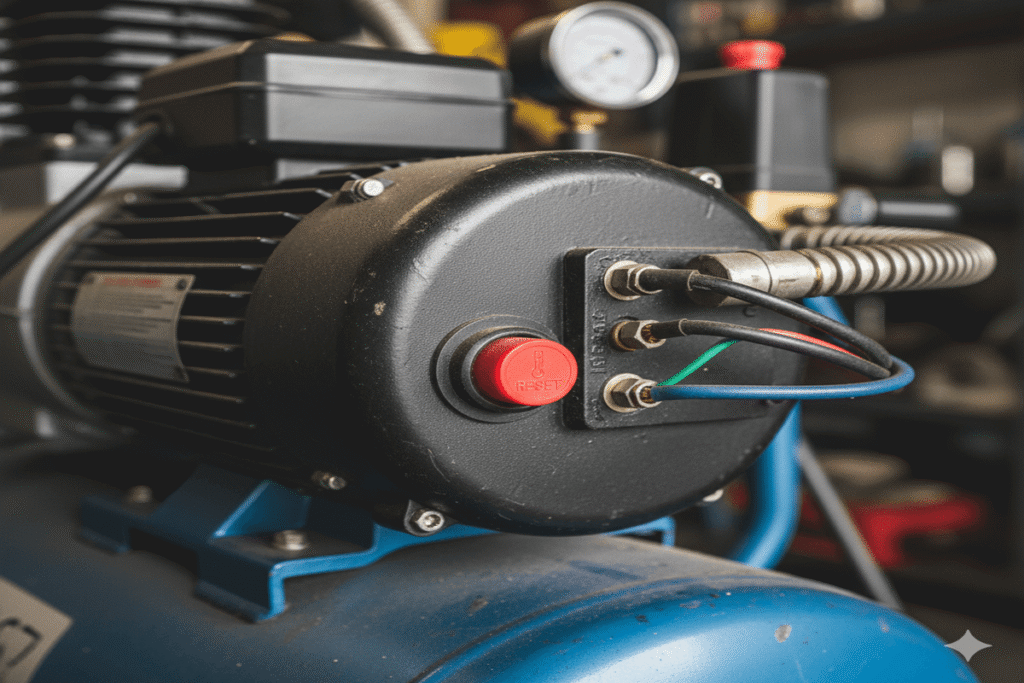 Pourquoi mon compresseur se met-il en sécurité ? 7 Gros plan sur le moteur électrique d'un compresseur d'air, avec le bouton de réarmement thermique.