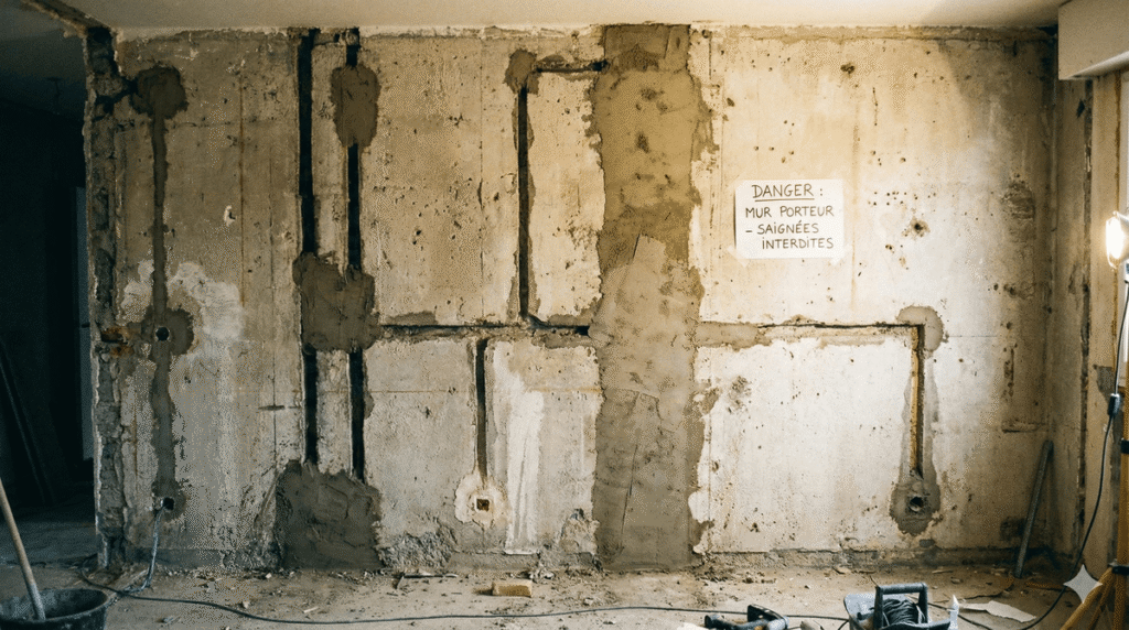 Mur porteur en béton avec des traces de saignées électriques rebouchées, illustrant une pratique à risque.