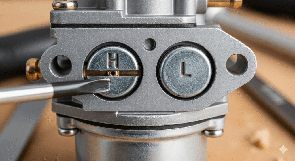 Carburateur de débroussailleuse avec un tournevis sur les vis de réglage H et L.