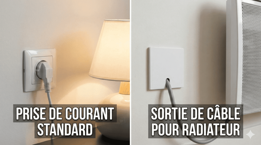 Transformer une prise électrique en sortie de radiateur : est-ce possible ? 4 Comparaison entre une prise de courant standard et une sortie de câble pour radiateur électrique.
