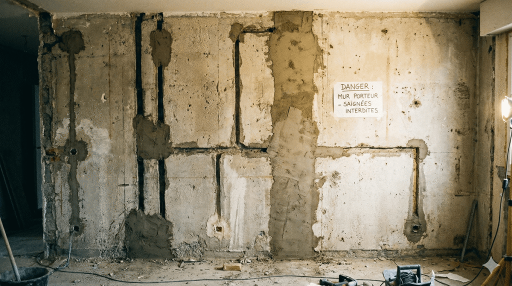 Application de mortier-colle avec une truelle peigne crantée sur un bloc de béton cellulaire.