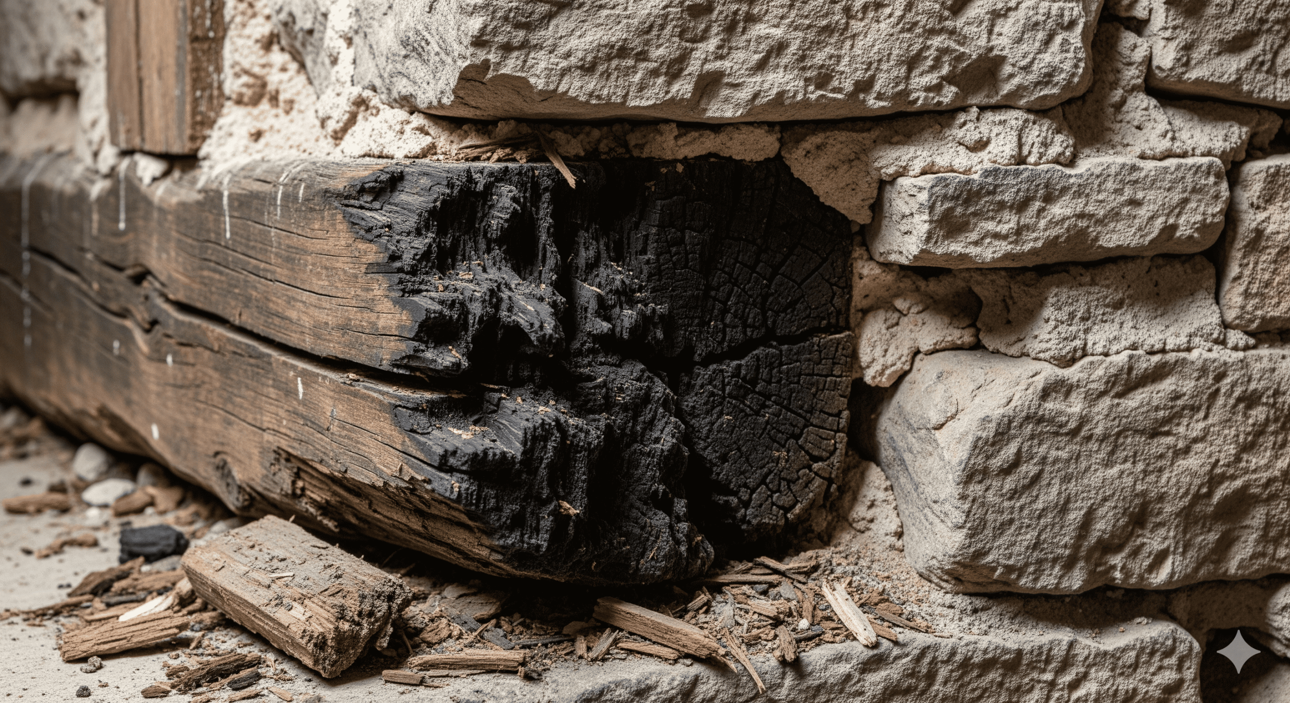 Extrémité d'une poutre en bois (panne) pourrie par l'humidité dans un mur en pierre.