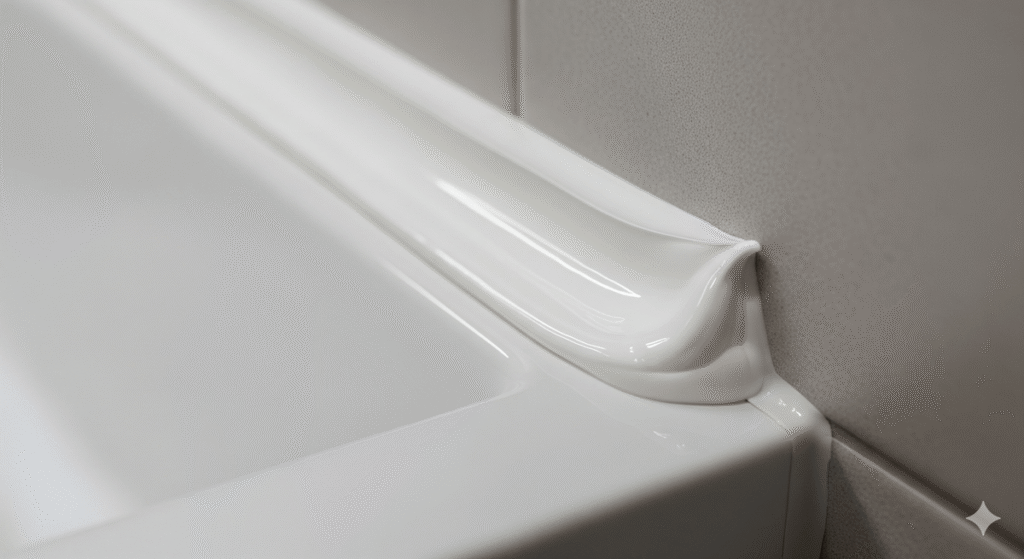 Joint de silicone sanitaire fraîchement posé autour d'un bac de douche.