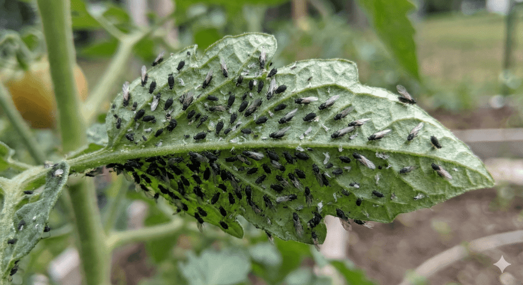 Feuille de tomate infestée de petits insectes volants noirs (pucerons ailés).