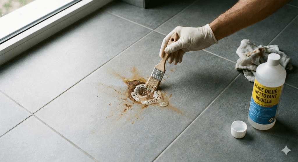 Application locale d'acide dilué sur une tache de rouille sur du carrelage gris.