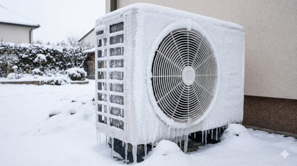 Unité extérieure de pompe à chaleur givrée en hiver.