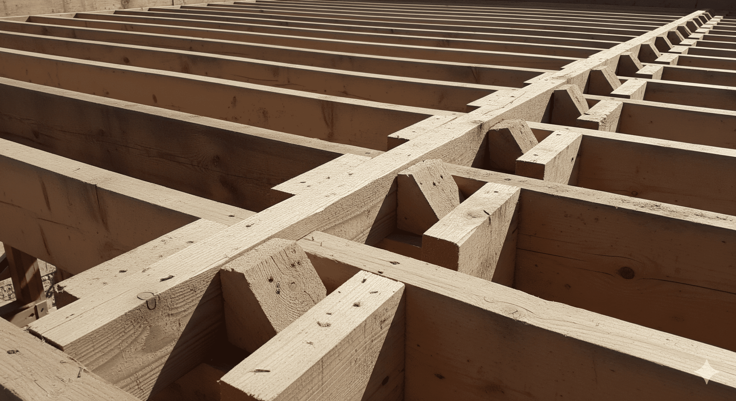 Solivage en bois avec une rangée d'entretoises (étrésillons) fixées au centre de la portée.