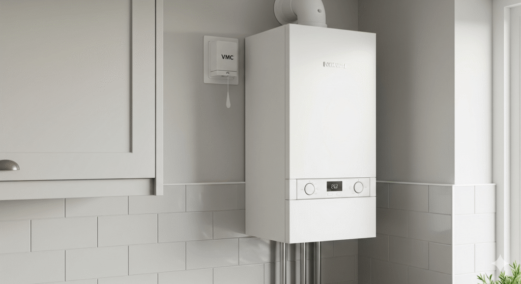 Bouche d'extraction de VMC Gaz dans une cuisine, reliée à une chaudière murale.