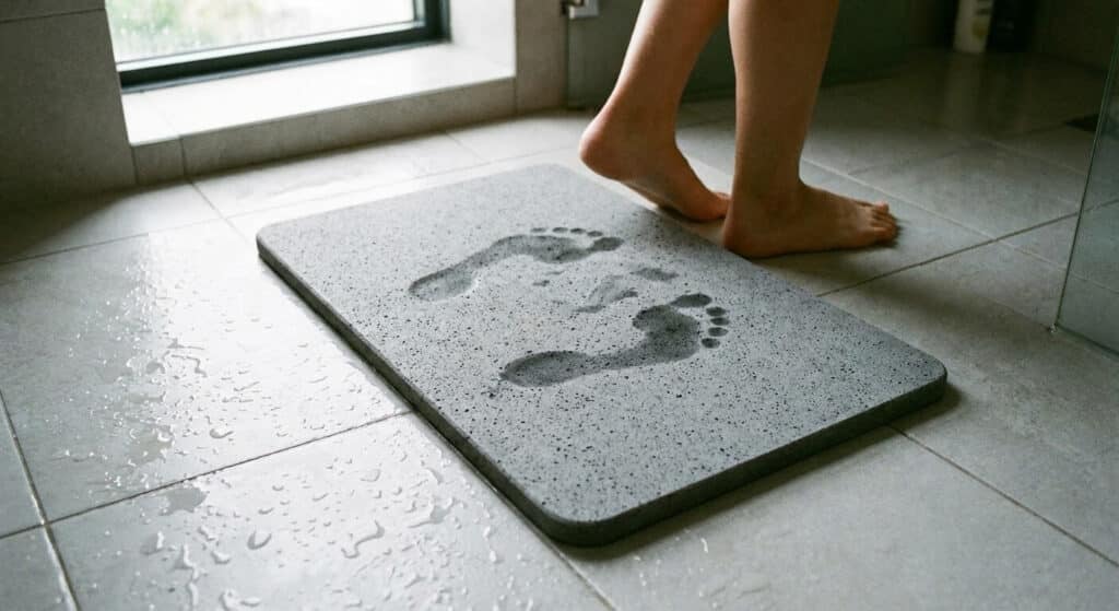 Tapis de bain en diatomite gris posé sur un carrelage de salle de bain, absorbant des traces de pieds mouillés.