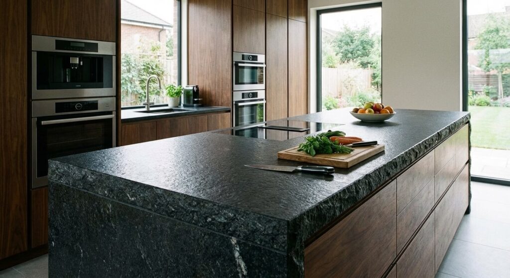 Cuisine moderne avec un plan de travail en granit noir, illustrant la solidité et l'hygiène de la pierre naturelle.