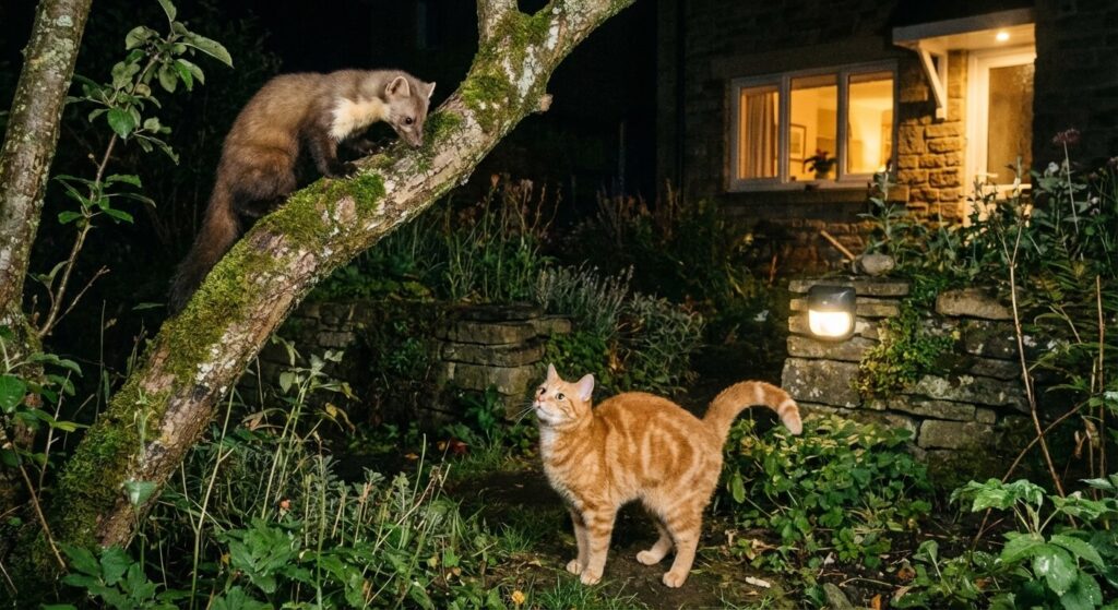 Une martre des pins rencontrant un chat domestique dans un jardin la nuit.