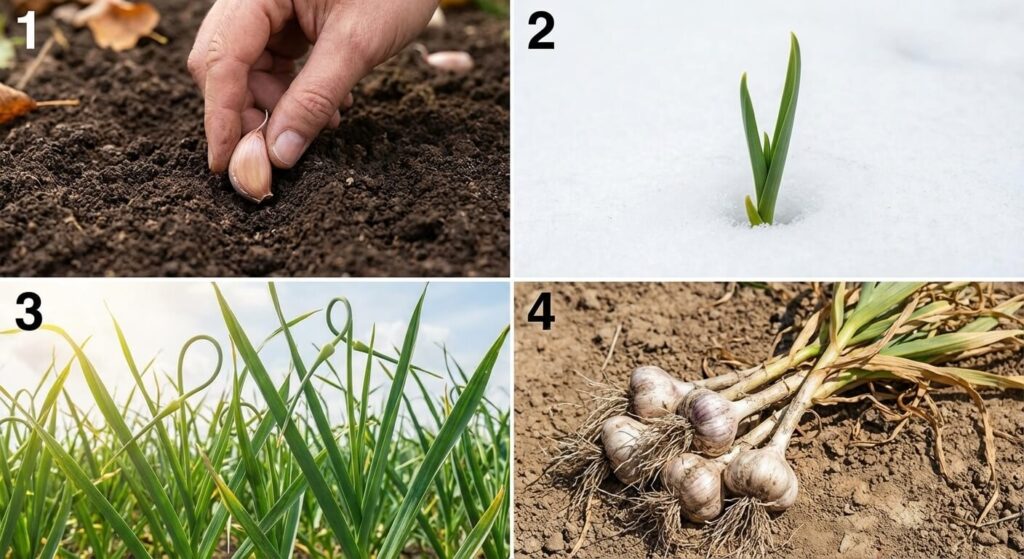 Cycle de croissance de l'ail, de la gousse plantée en terre à la tête d'ail récoltée avec ses feuilles séchées.