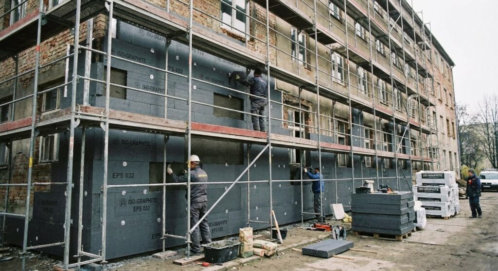 Pose de panneaux isolants en polystyrène expansé gris (graphité) sur une façade extérieure en rénovation.