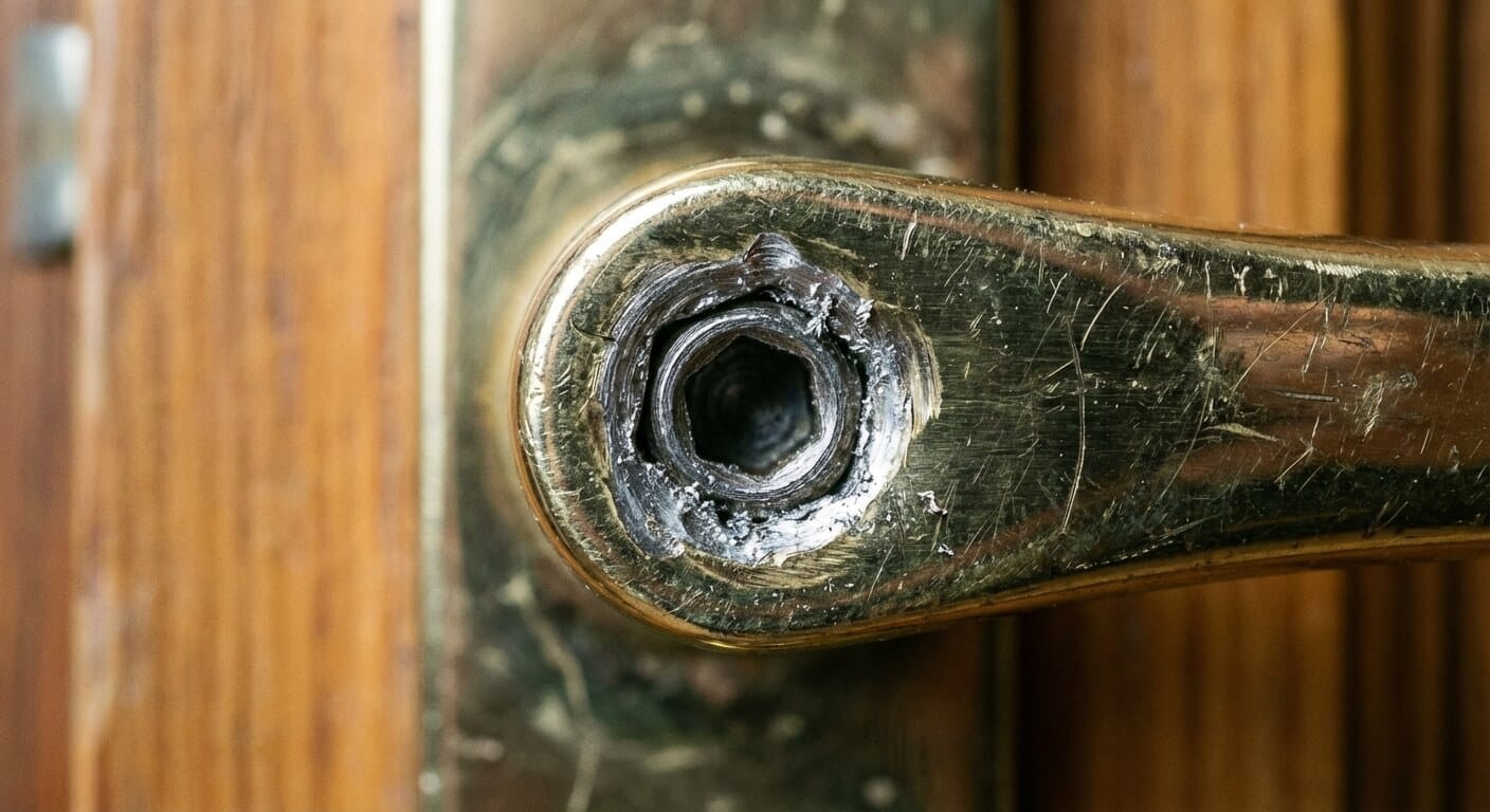 Gros plan sur une poignée de porte avec une vis sans tête (vis pointeau) dont l'empreinte hexagonale est abîmée.