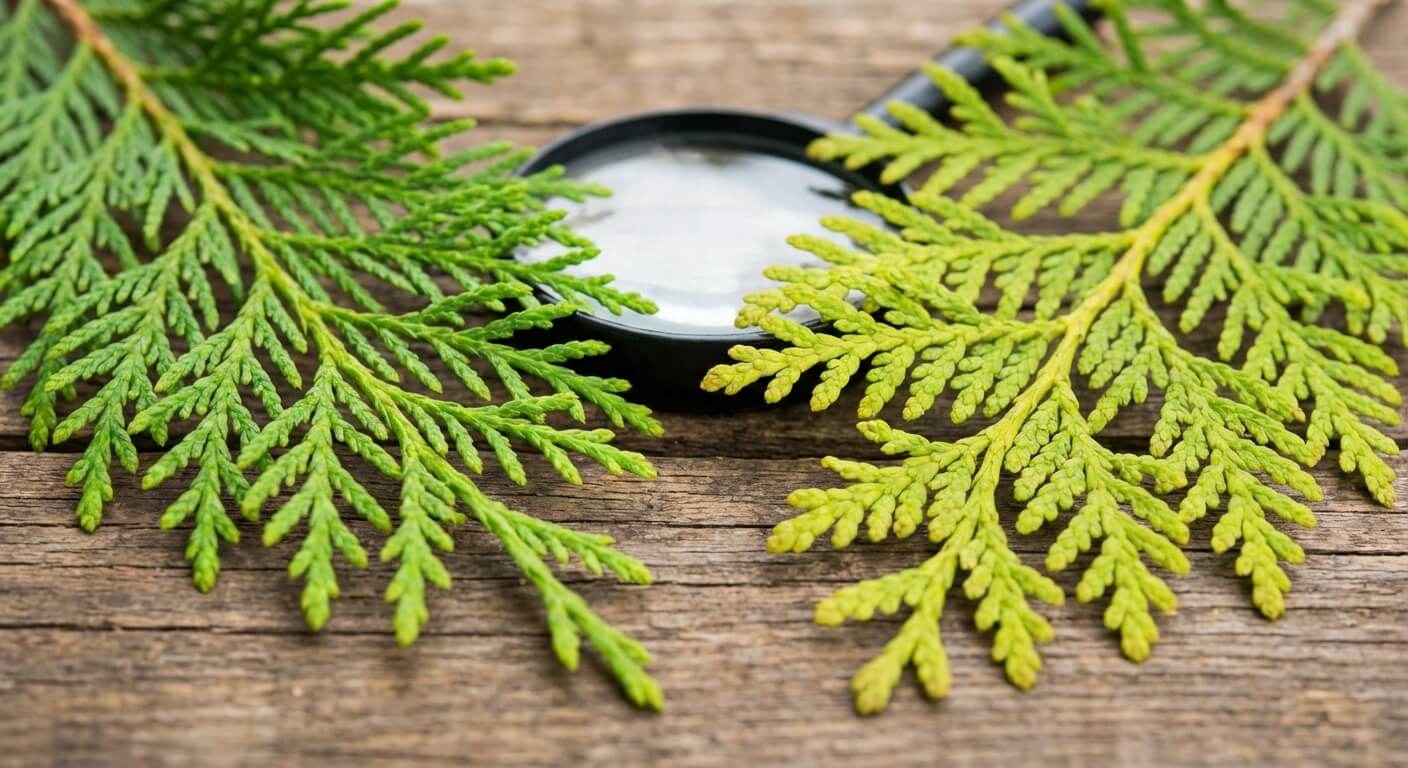 Comparaison visuelle côte à côte d'une branche de Cyprès de Leyland et d'une branche de Thuya pour montrer les écailles.