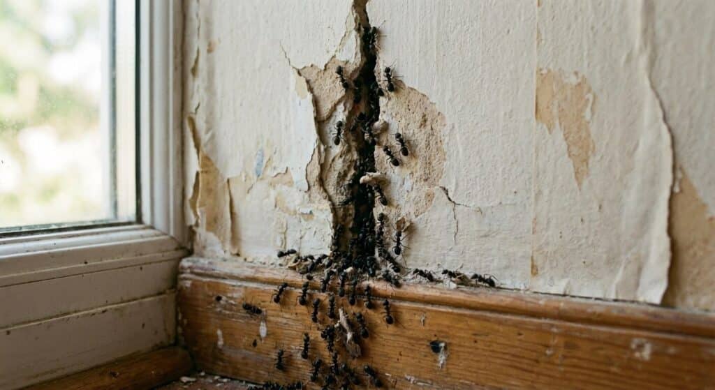 Colonne de fourmis sortant d'une fissure dans un mur en placo à l'intérieur d'une maison.