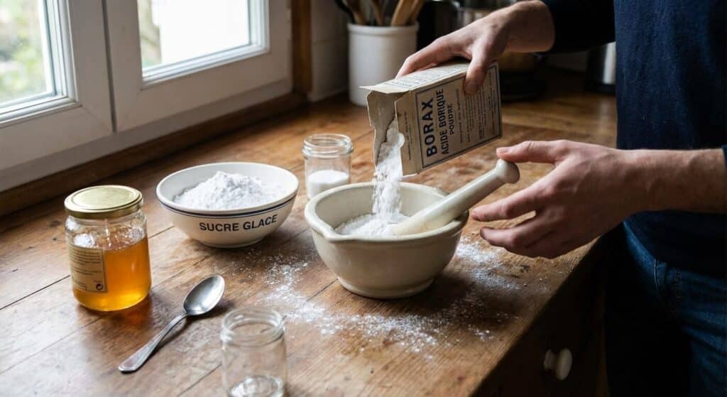 Mélange du Borax (acide borique, en poudre, disponible en pharmacie ou droguerie) avec du sucre glace ou du miel.
