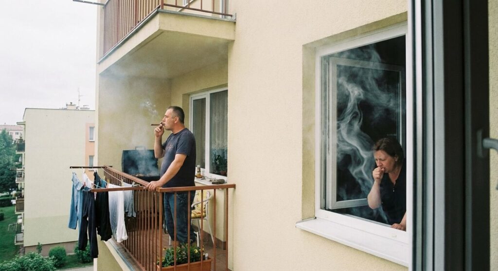 Vue d'un balcon voisin avec de la fumée qui rentre par la fenêtre ouverte, illustrant la nuisance olfactive.