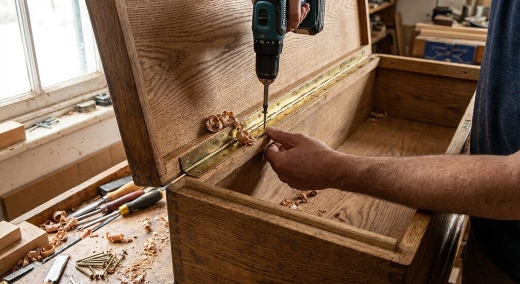 Installation d'une charnière piano (plate) sur un coffre en bois, avec vissage sur la tranche.