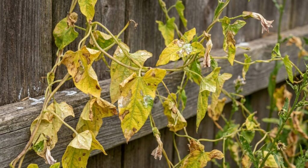 Feuilles de liseron commençant à jaunir et flétrir plusieurs jours après l'application d'un désherbant systémique.