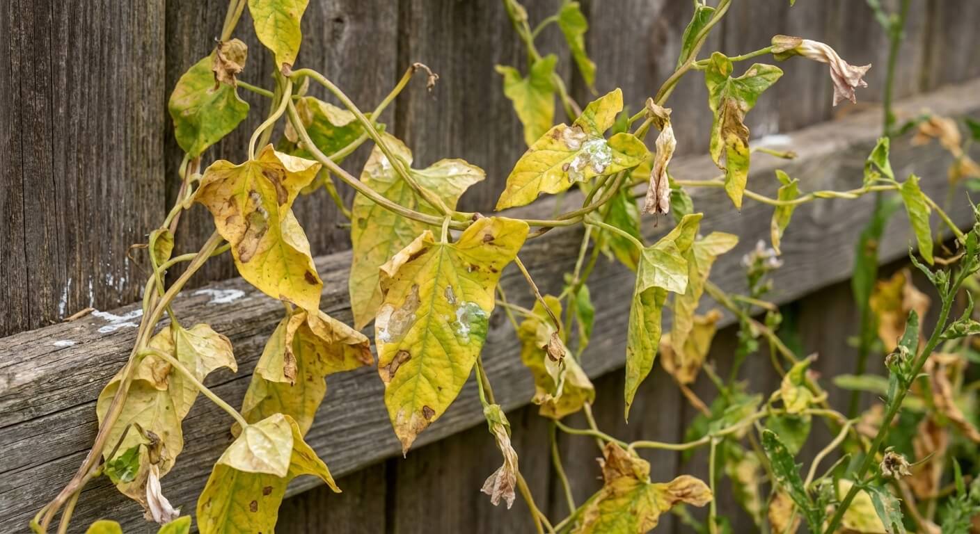Feuilles de liseron commençant à jaunir et flétrir plusieurs jours après l'application d'un désherbant systémique.