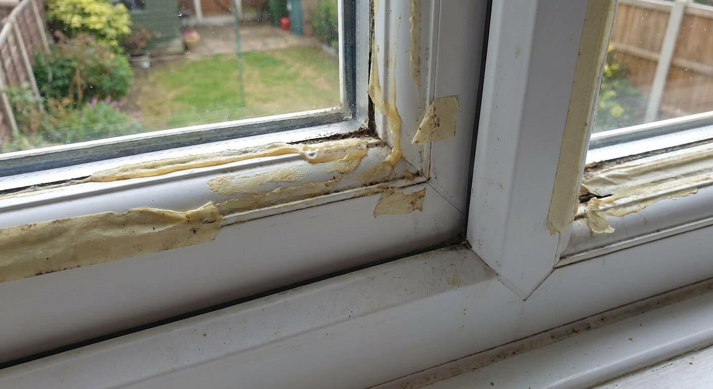 Cadre de fenêtre en PVC blanc avec des traces de colle jaunies laissées par un ancien ruban de masquage.