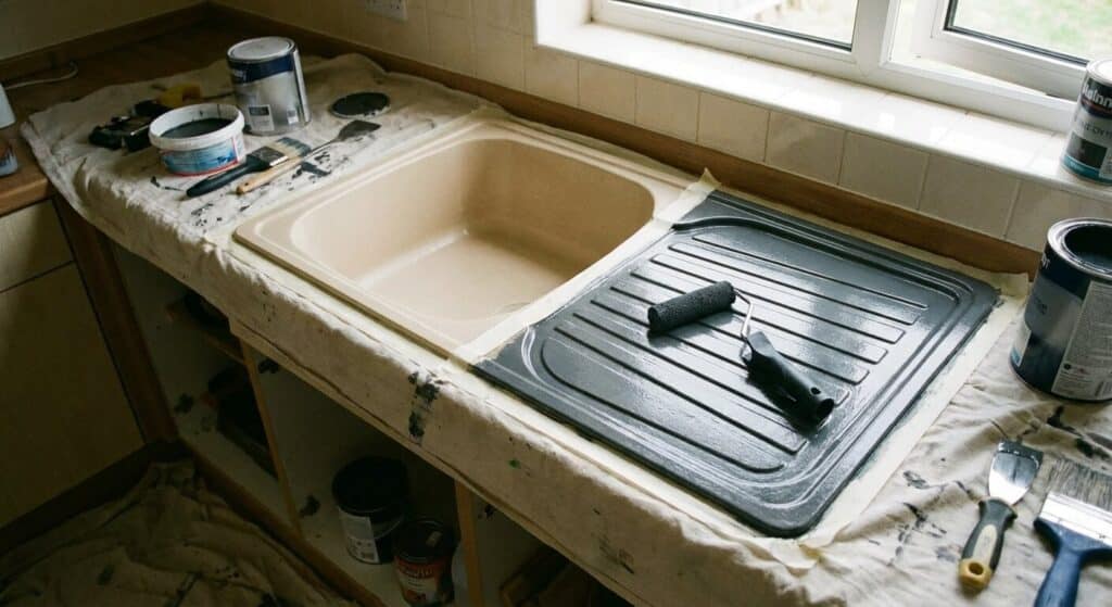 Évier de cuisine en résine beige en cours de rénovation, avec une moitié peinte en gris anthracite à l'aide d'un rouleau laqueur.