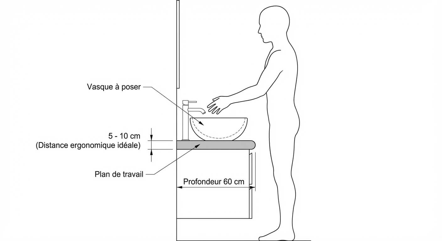 Schéma coté montrant la distance idéale entre le bord du plan de travail et une vasque à poser pour une bonne ergonomie.