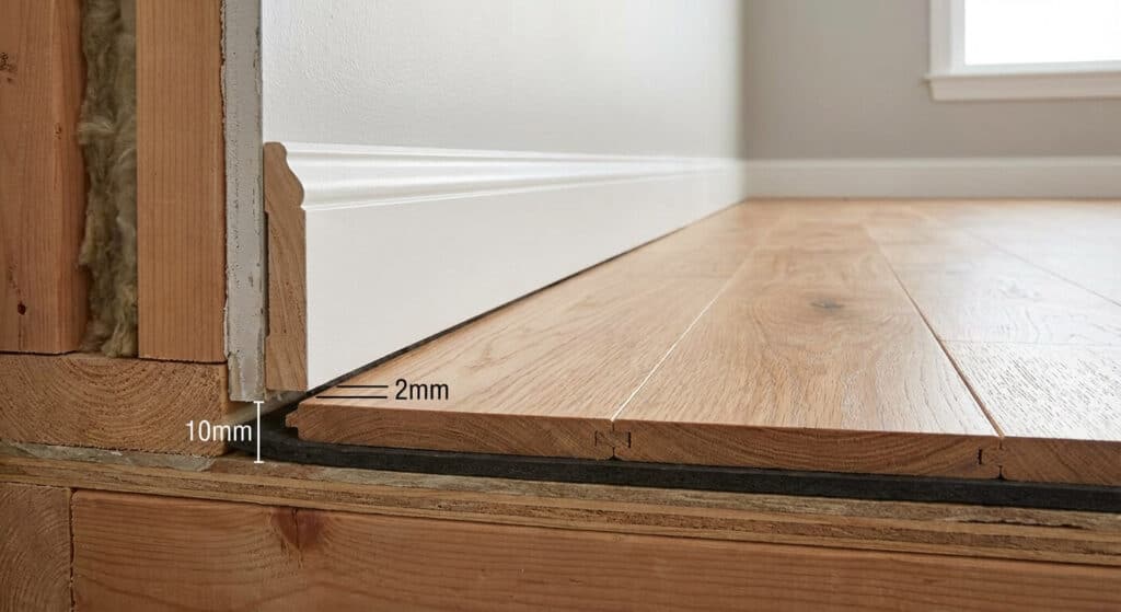 Coupe transversale montrant l'espace de dilatation entre le mur et le parquet, recouvert par la plinthe, mais sans contact direct.