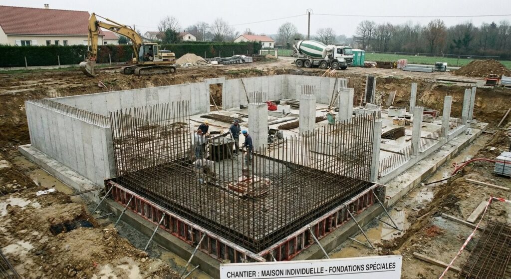 Chantier de construction montrant les fondations en béton armé conçues pour supporter le poids total de la maison.