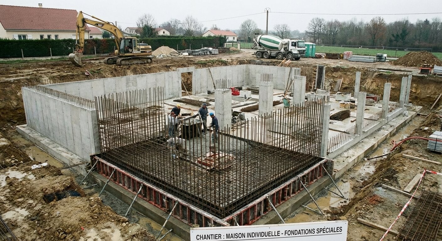 Chantier de construction montrant les fondations en béton armé conçues pour supporter le poids total de la maison.