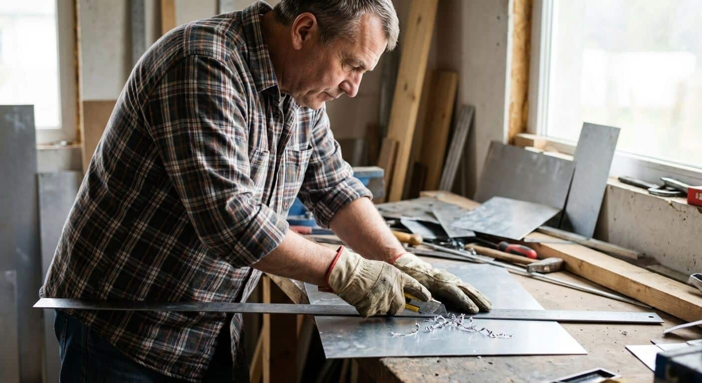 Bricoleur utilisant un cutter et une règle métallique pour rayer une fine plaque d'aluminium avant de la casser.