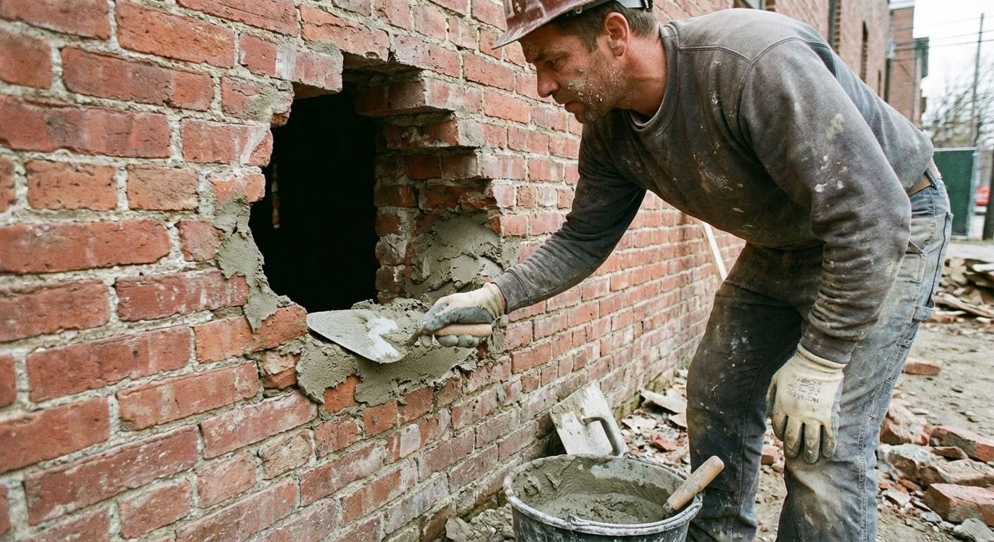 Maçon appliquant du mortier à la truelle pour combler un gros trou dans un mur en briques rouges.
