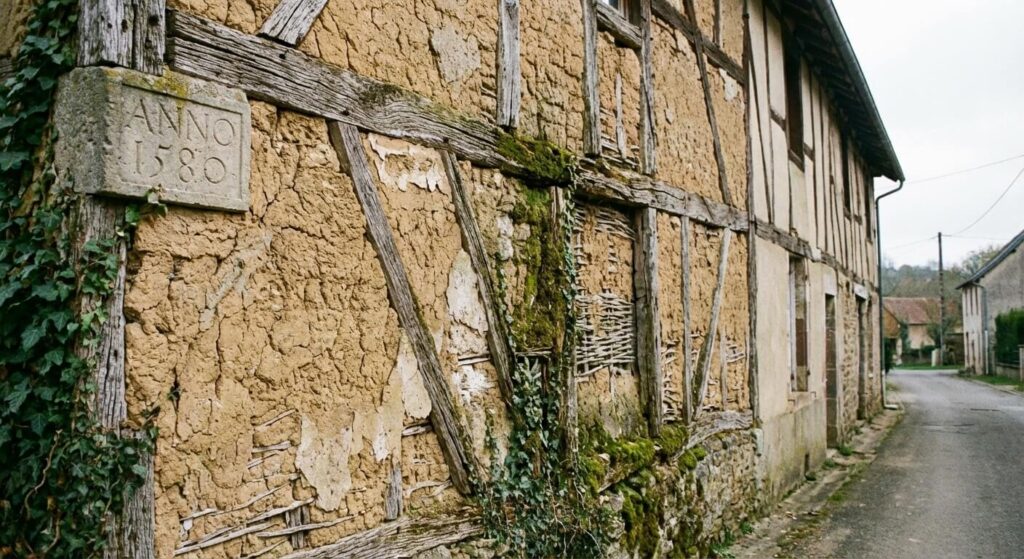 Mur ancien en torchis (terre et paille) sur une maison à colombages, montrant sa résistance à travers les siècles.