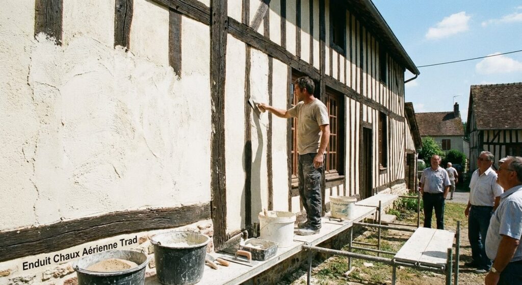 application d'un enduit à la chaux aérienne sur une maison à colombages