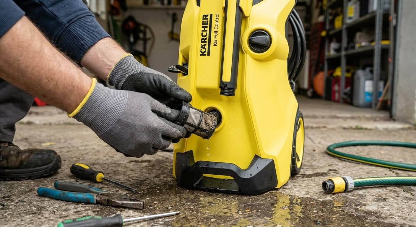 Nettoyage du filtre d'arrivée d'eau d'un nettoyeur haute pression Karcher pour résoudre un problème de saccades.