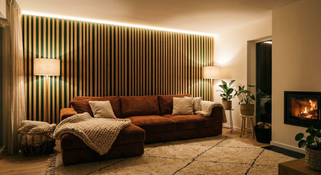 Un mur de salon décoré avec des tasseaux de bois verticaux (panneaux acoustiques) derrière un canapé, ambiance chaleureuse et feutrée.